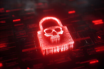 Aufkleber - A glowing red digital lock with a skull symbolizing cybersecurity threats and hacking on a dark, futuristic background.