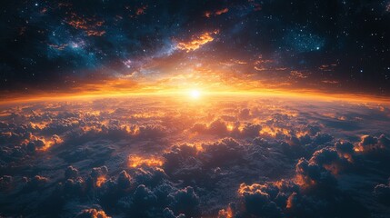 Wall Mural - Bright sunlight emerges over the horizon, casting a warm glow on the clouds below. The vibrant colors blend beautifully with the cosmic backdrop of stars and galaxies, creating a breathtaking view