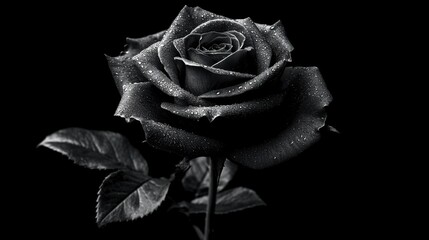 Poster - A stunning black rose stands tall against a dark background, adorned with water droplets that highlight its delicate petals. The scene evokes a sense of mystery and elegance