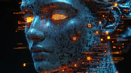 Fototapete - A classical statue is reimagined with a sleek, digital texture, featuring glowing eyes and a backdrop of floating data fragments. The interplay of technology and artistry captivates