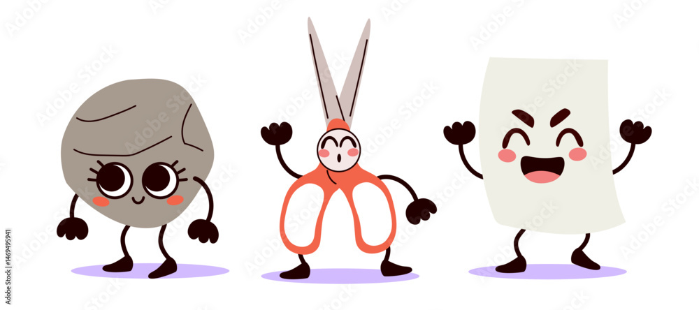 Cartoon illustration of happy rock, paper, and scissors characters for ...