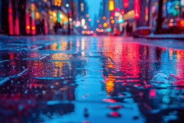 Wall Mural - a glowing neon cityscape reflected in rain-soaked streets
