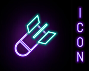 Fototapete - Glowing neon line Aviation bomb icon isolated on black background. Rocket bomb flies down. Colorful outline concept. Vector