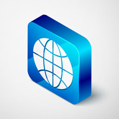 Fototapete - Isometric Worldwide icon isolated on grey background. Pin on globe. Blue square button. Vector Illustration