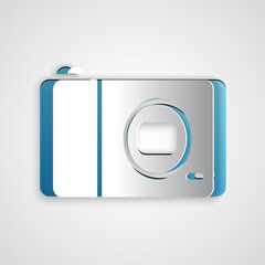 Poster - Paper cut Photo camera icon isolated on grey background. Foto camera icon. Paper art style. Vector