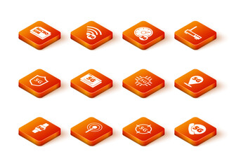 Poster - set smart watch 5g network, antenna, protective shield, processor, phone with and location icon. vec