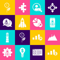 Poster - set pie chart and dollar, mountains with flag, startup project concept, create account screen, dolla