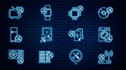 Poster - Set line Router wi-fi service, Washer, Processor, Hard disk drive, Refrigerator, Tv, Power bank and Smartwatch icon. Vector