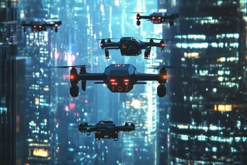 Poster - a group of ai-controlled drones flying in formation in a futuristic city .
