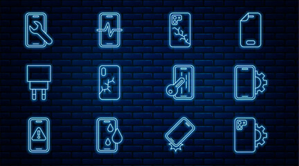 Poster - Set line Phone repair service, Mobile with broken screen, Charger, Glass protector and icon. Vector