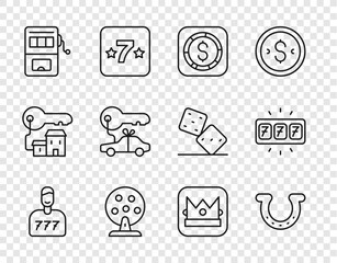Poster - Set line Lucky player, Horseshoe, Coin money with dollar, Lottery machine, Slot, Car gift, King playing card and jackpot icon. Vector