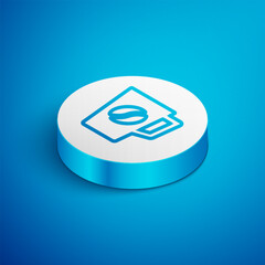Poster - Isometric line Coffee cup icon isolated on blue background. Tea cup. Hot drink coffee. White circle button. Vector