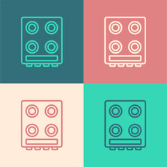 Poster - Pop art line Gas stove icon isolated on color background. Cooktop sign. Hob with four circle burners. Vector