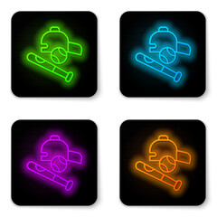 Poster - Glowing neon line Baseball bat with ball, hat icon isolated on white background. Black square button. Vector
