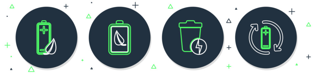 Poster - Set line Eco nature leaf and battery, Lightning with trash can, and Battery recycle icon. Vector