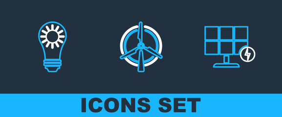 Poster - Set line Solar energy panel, and Rotating wind turbine icon. Vector