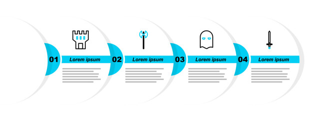 Poster - Set line Medieval sword, Executioner mask, axe and Castle tower icon. Vector