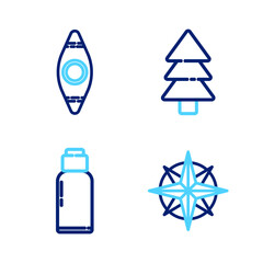 Poster - Set line Wind rose, Canteen water bottle, Tree and Kayak or canoe icon. Vector