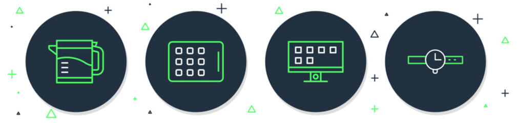 Poster - set line graphic tablet, smart tv, electric kettle and wrist watch icon. vector
