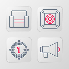Poster - Set line Megaphone, Old film movie countdown frame, Movie spotlight and Cinema chair icon. Vector