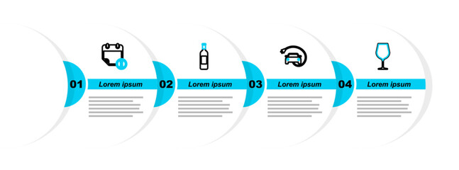 Poster - Set line Wine glass, Electric car, Bottle of wine and Calendar and clock icon. Vector