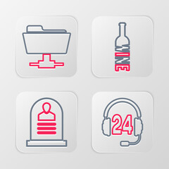 Poster - Set line Headphone for support, Tombstone with RIP written, Bottle of wine and FTP folder icon. Vector
