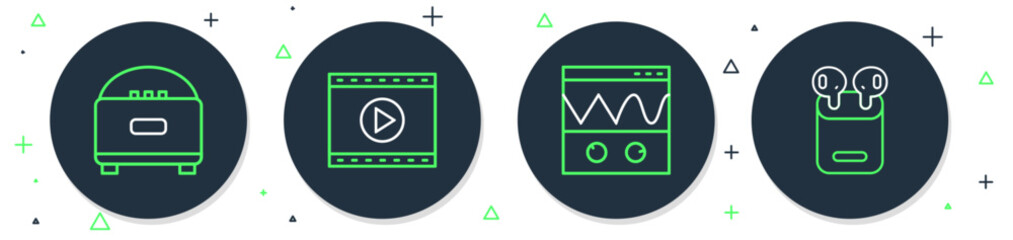 Poster - Set line Online play video, Oscilloscope, Stereo speaker and Air headphones box icon. Vector