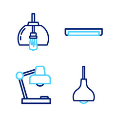 Poster - Set line Lamp hanging, Table lamp, Fluorescent and Chandelier icon. Vector