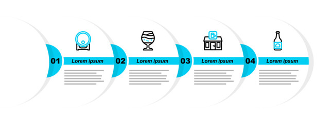 Poster - set line beer bottle, store building of beer shop, glass and wooden barrel on rack icon. vector
