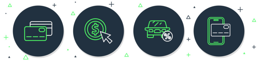 Poster - Set line Coin money with dollar, Car leasing percent, Credit card and Mobile banking icon. Vector