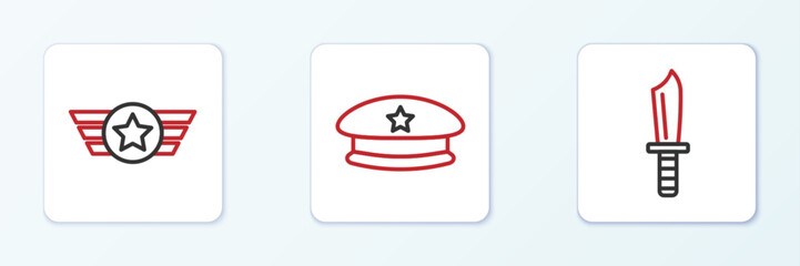 Poster - Set line Military knife, Star American military and beret icon. Vector