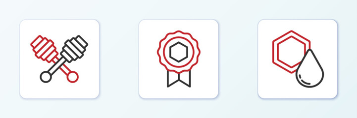 Poster - Set line Honeycomb, dipper stick and medal icon. Vector