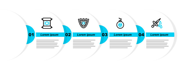 Poster - Set line Sword with blood, Bomb ready to explode, Shield and Decree, parchment, scroll icon. Vector