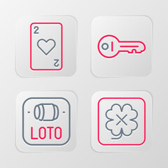 Poster - Set line Casino slot machine, Lottery ticket, Old key and Playing card with heart icon. Vector