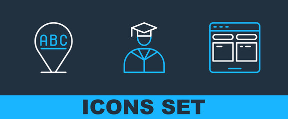 Poster - Set line Online translator, Alphabet and Graduate and graduation cap icon. Vector