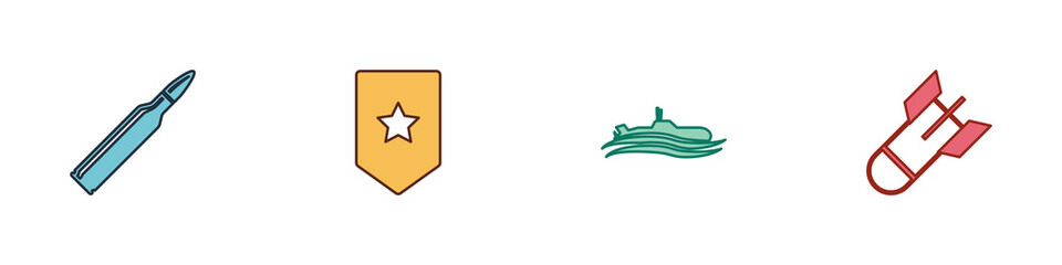 Poster - Set Bullet, Chevron, Submarine and Aviation bomb icon. Vector