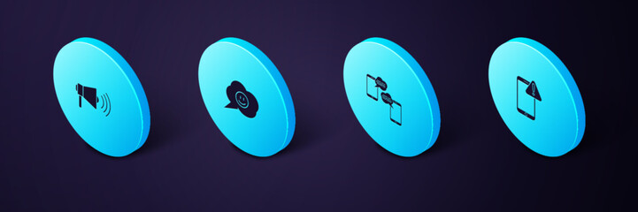 Poster - Set Isometric Mobile with exclamation mark, Chat messages mobile, Speech bubble smile face and Megaphone icon. Vector