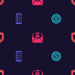 Poster - Set Target with dollar, Smartphone contacts, Mail and e-mail and Dental protection on seamless pattern. Vector