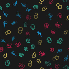 Poster - set line honey dipper stick with honey, hive for bees, honeycomb and jar of on seamless pattern. vec