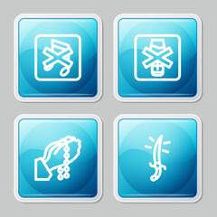 Poster - Set line Speaker mute, No alcohol, Hands in praying position and Arabian saber icon. Vector