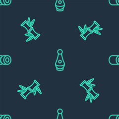 Poster - Set line Soju bottle, Bamboo and Sushi on seamless pattern. Vector