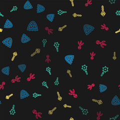 Poster - set line shield, medieval chained mace ball, magic wand and staff on seamless pattern. vector