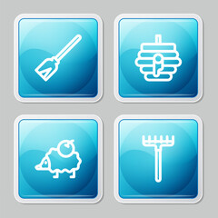 Poster - Set line Handle broom, Hive for bees, Hedgehog and Garden rake icon. Vector
