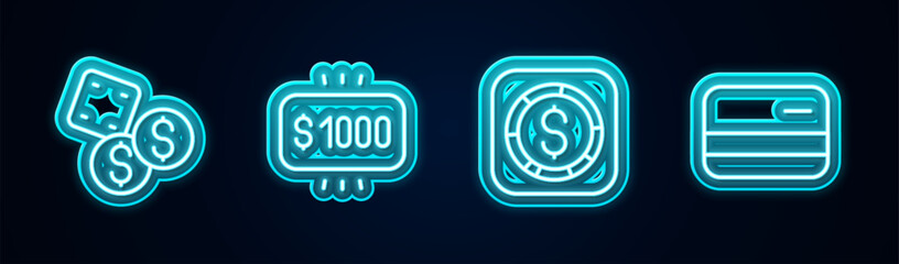 Poster - Set line Game dice, Money prize in casino, Coin money with dollar and Credit card. Glowing neon icon. Vector
