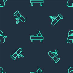 Poster - Set line Massage table with oil, Laboratory glass and leaves and Teapot cup on seamless pattern. Vector