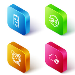 Poster - Set Isometric line Dead mobile, Telephone 24 hours support, Alarm clock and Cloud sync refresh icon. Vector