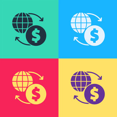 Poster - Pop art Money exchange icon isolated on color background. Euro and Dollar cash transfer symbol. Banking currency sign. Vector