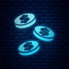 Poster - glowing neon coin money with dollar symbol icon isolated on brick wall background. banking currency 