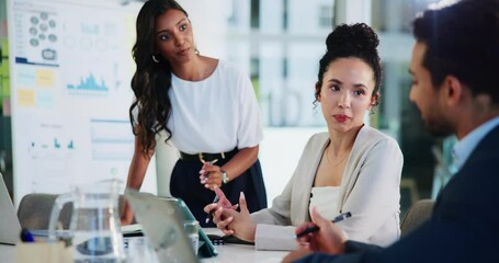 Poster - Graphs, presentation and business people in office, laptop and feedback for sales survey. Employees, review stats or coaching in workplace, meeting or charts for profit growth, discussion or planning