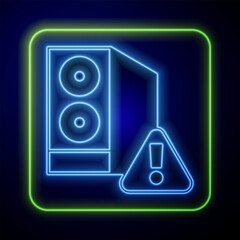 Fototapete - Glowing neon Case of computer with exclamation mark icon isolated on blue background. Computer server. Workstation. Vector